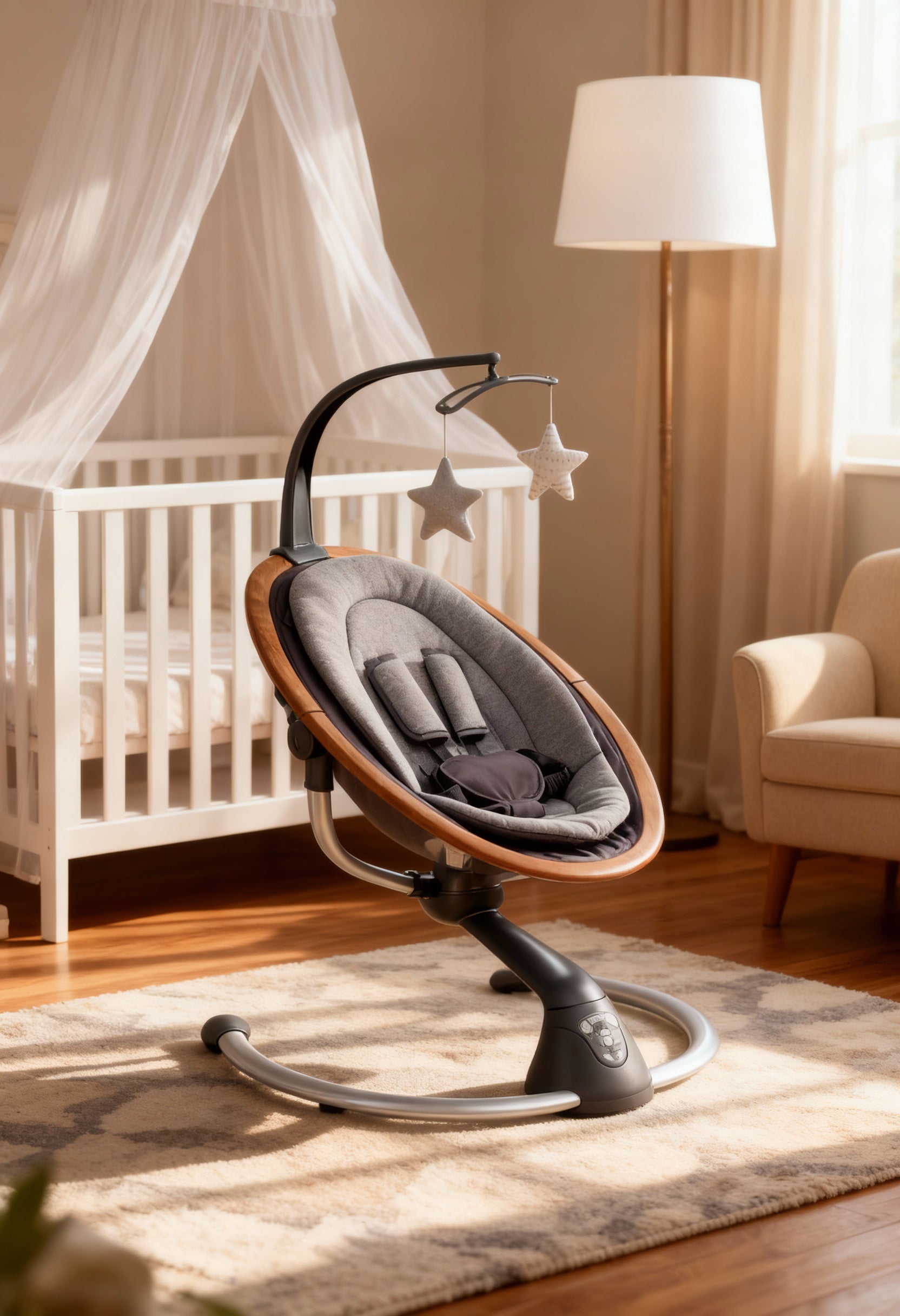 Baby swing in a nursery with crib, lamp, and curtains.