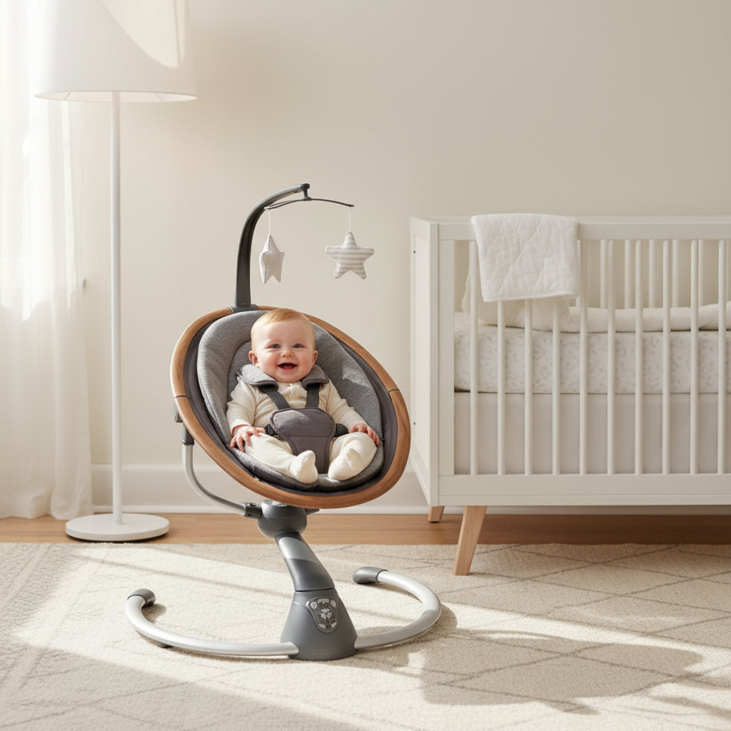 Baby in a swing in a nursery with a crib and lamp in the background