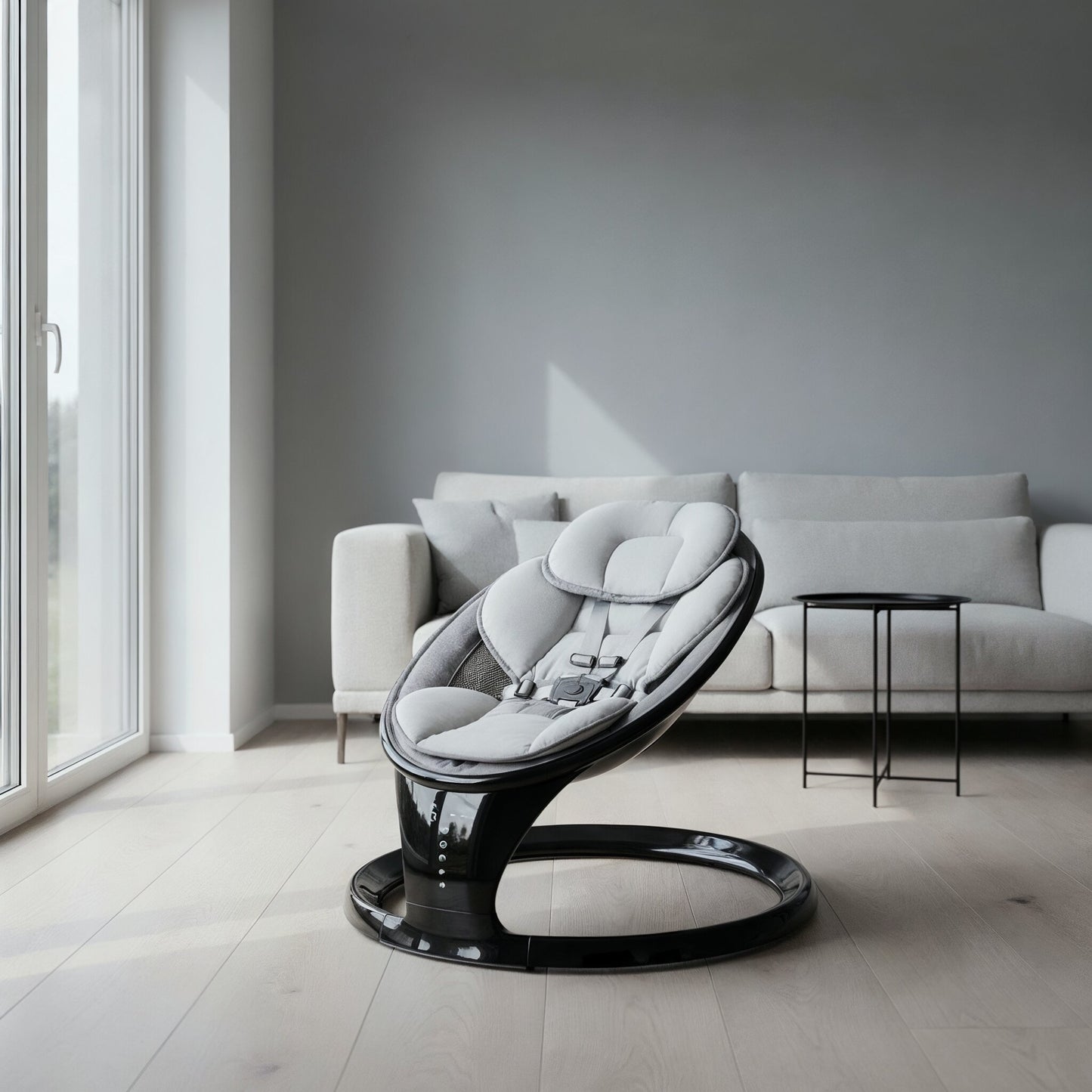 Modern baby seat in a minimalistic living room with a sofa and large window.