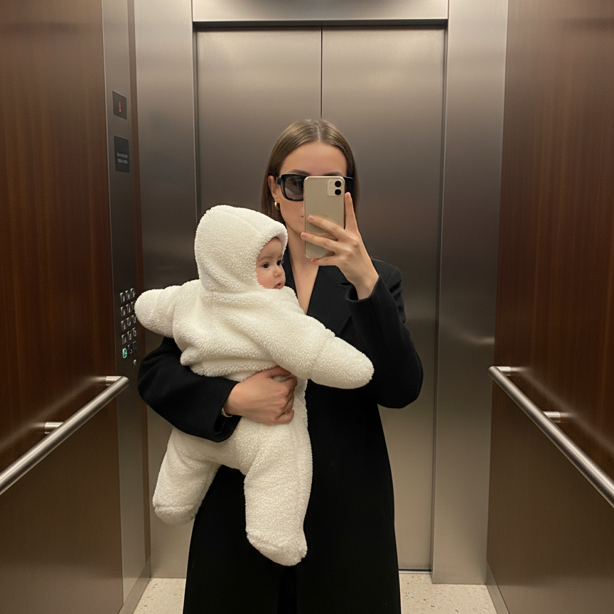 Person holding a baby wrapped in a white blanket inside an elevator.