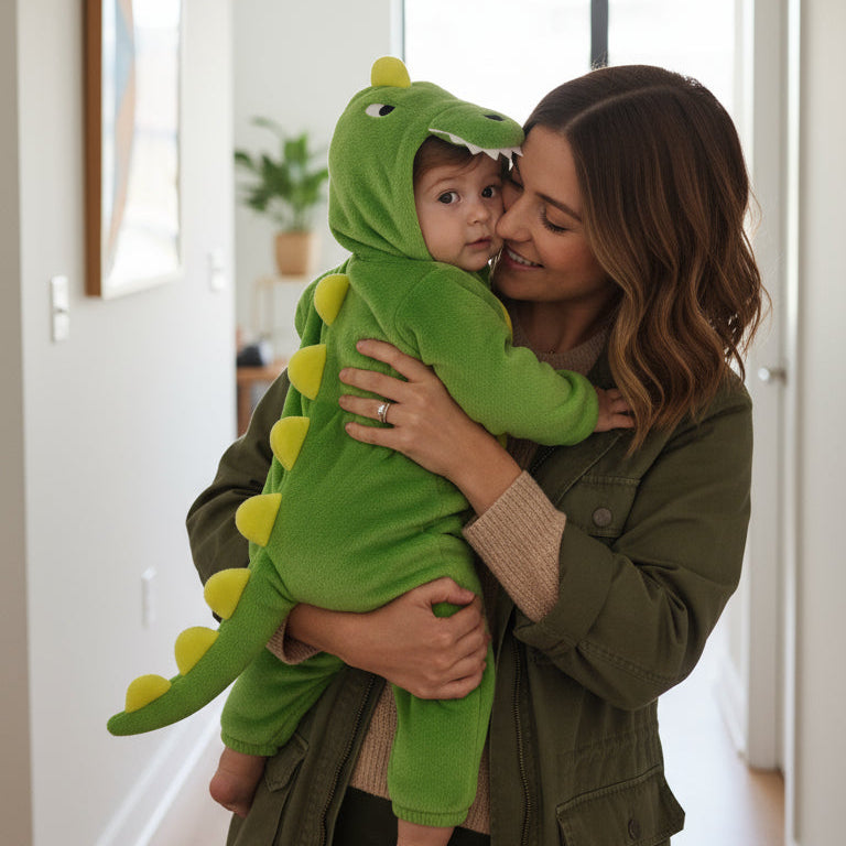 Woman holding a child dressed in a green dinosaur costume in a home setting.