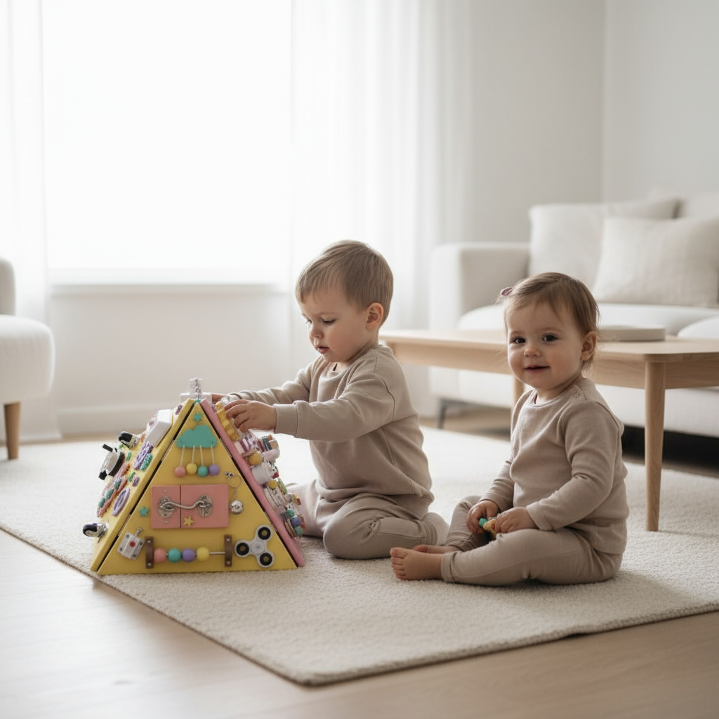 Two children playing with a pyramid-shaped educational toy on a light-colored rug.