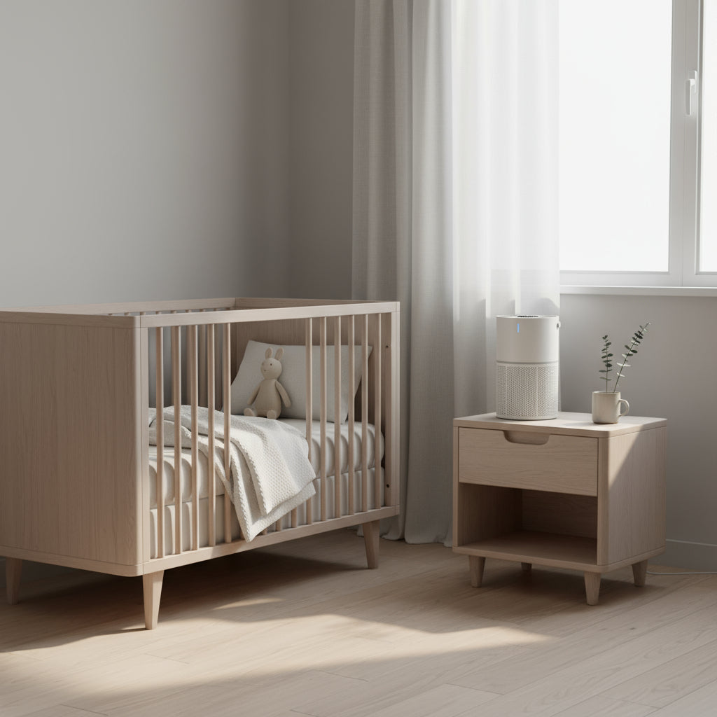 Nursery room with wooden crib and side table near a window.