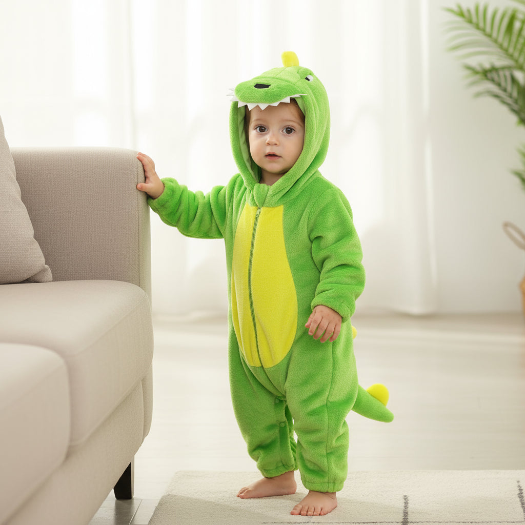 Child wearing a green dinosaur onesie in a living room.