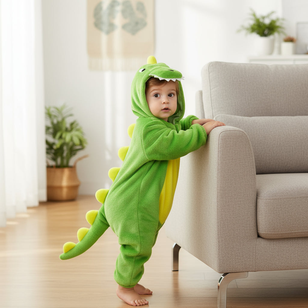 Child wearing a green dinosaur onesie in a living room.