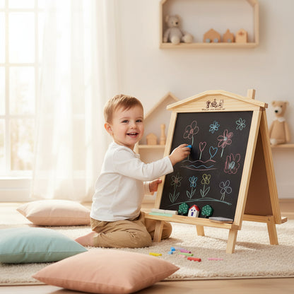 Child drawing on a blackboard with colorful chalk in a cozy room.