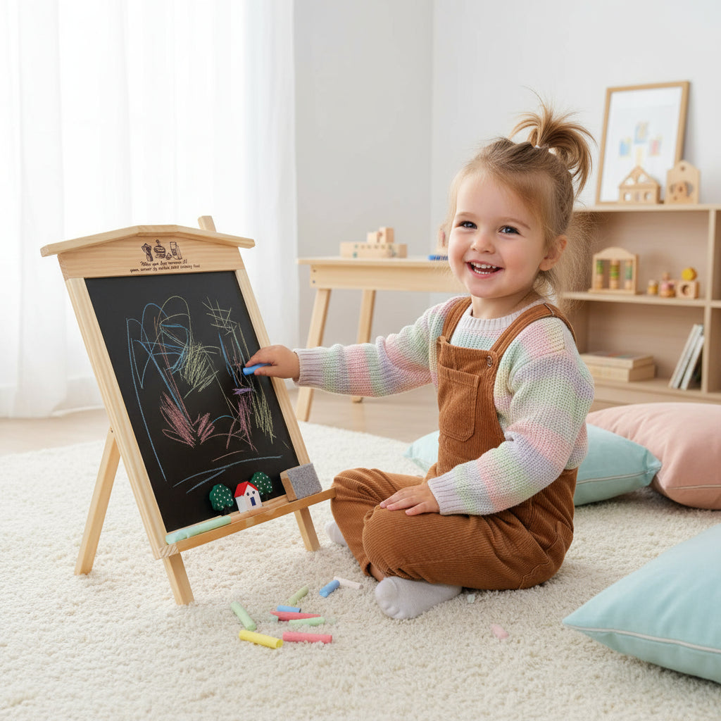 Child drawing on a blackboard with chalk in a bright, child-friendly room.