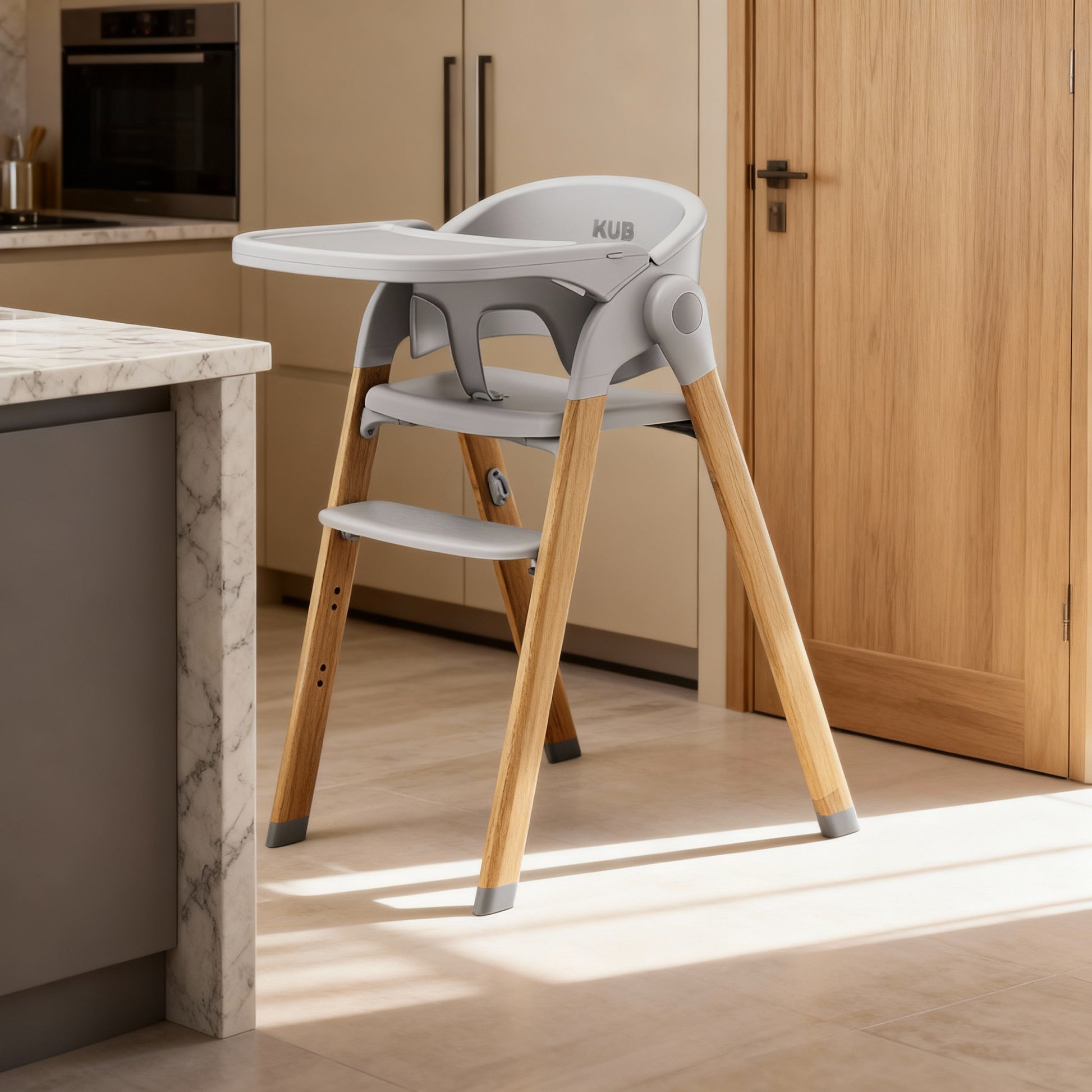 High chair with wooden legs in a kitchen setting