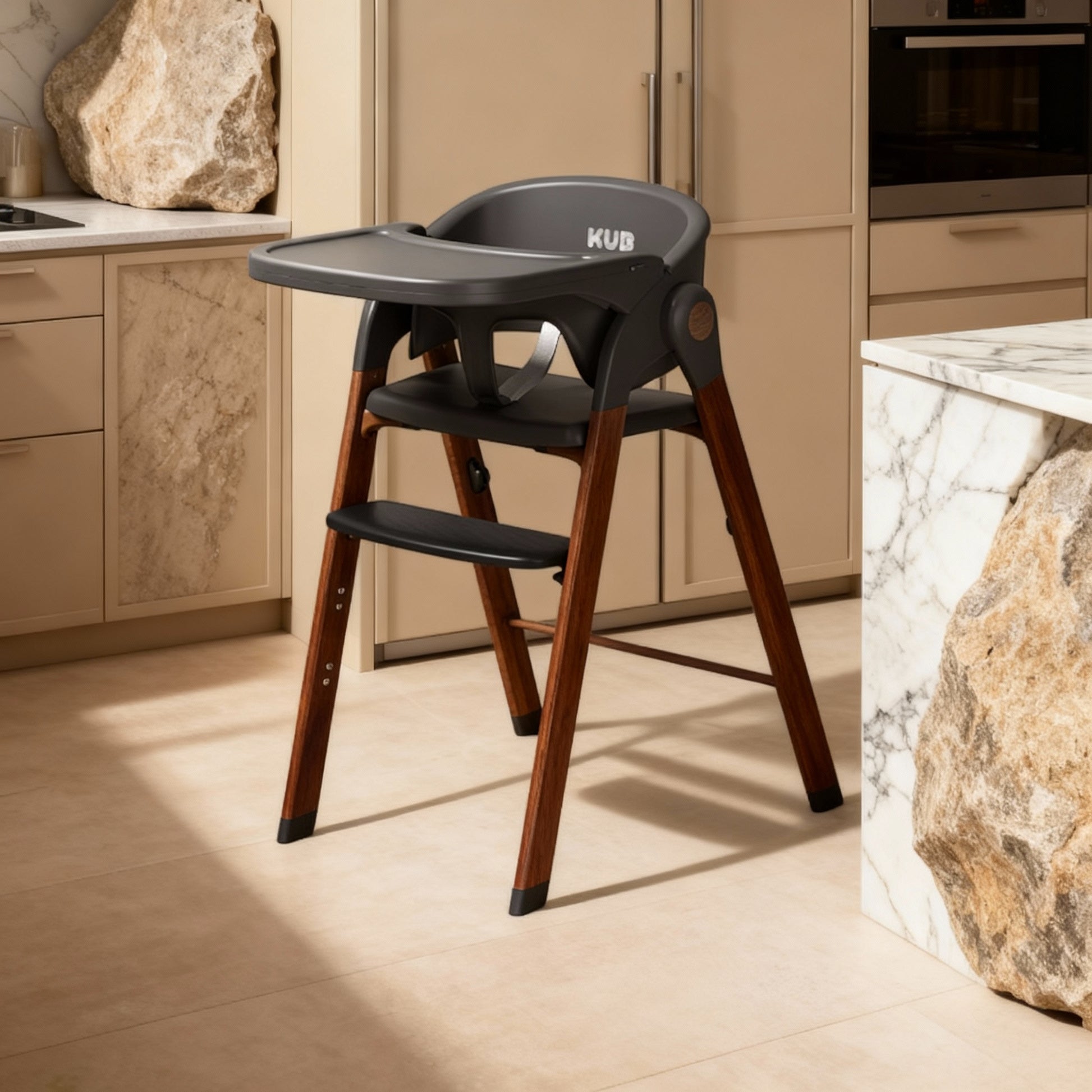 High chair with wooden legs and black seat and backrest in a kitchen setting