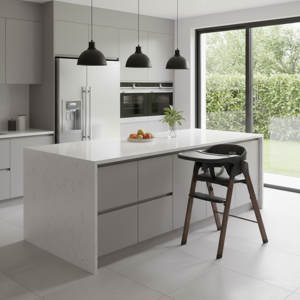 Modern kitchen with a white island, black pendant lights, and a high chair.