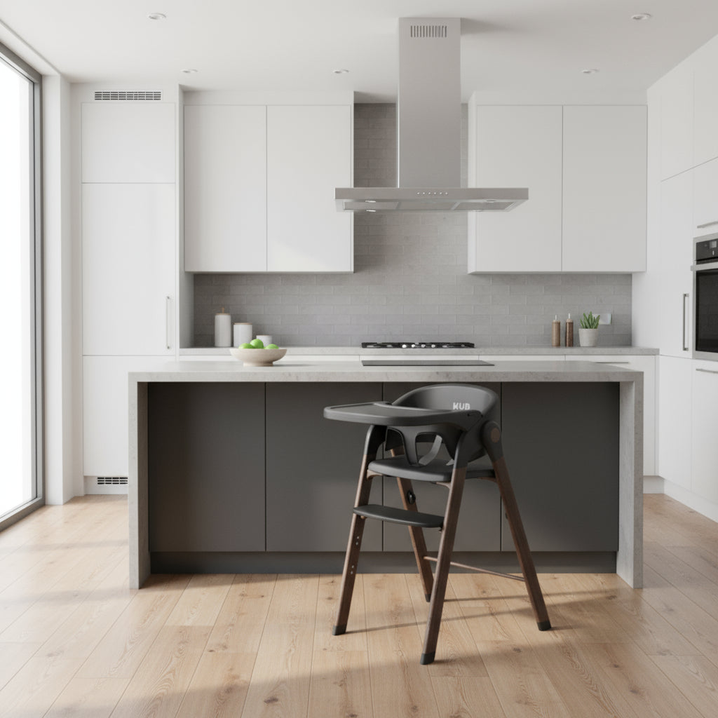 Modern kitchen with gray high chair in the foreground