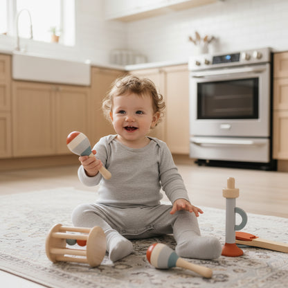 Baby playing with wooden toys in a kitchen