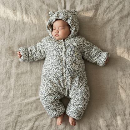 Baby in a floral onesie with bear ears lying on a textured surface