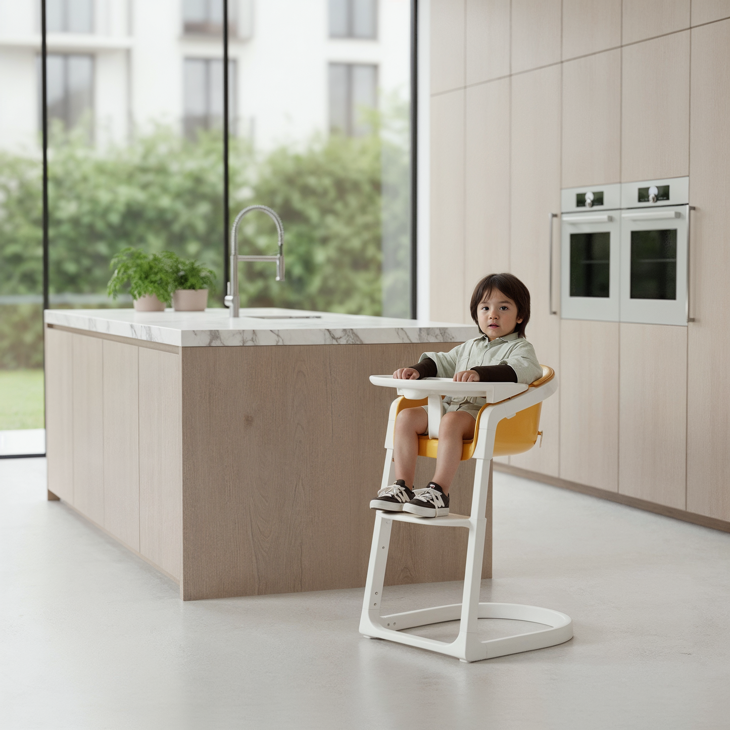 Child sitting in a high chair in a modern kitchen