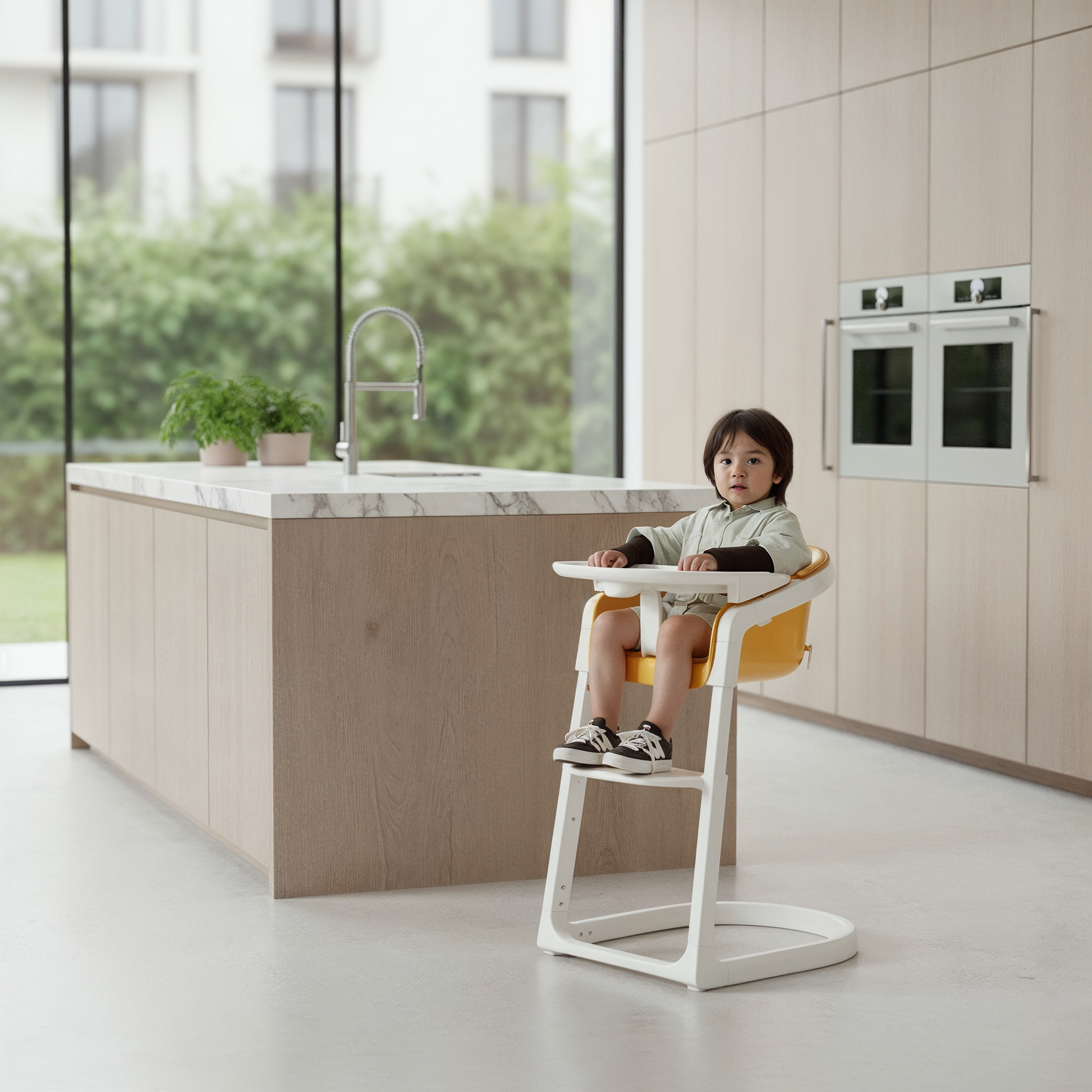 Child sitting in a high chair in a modern kitchen