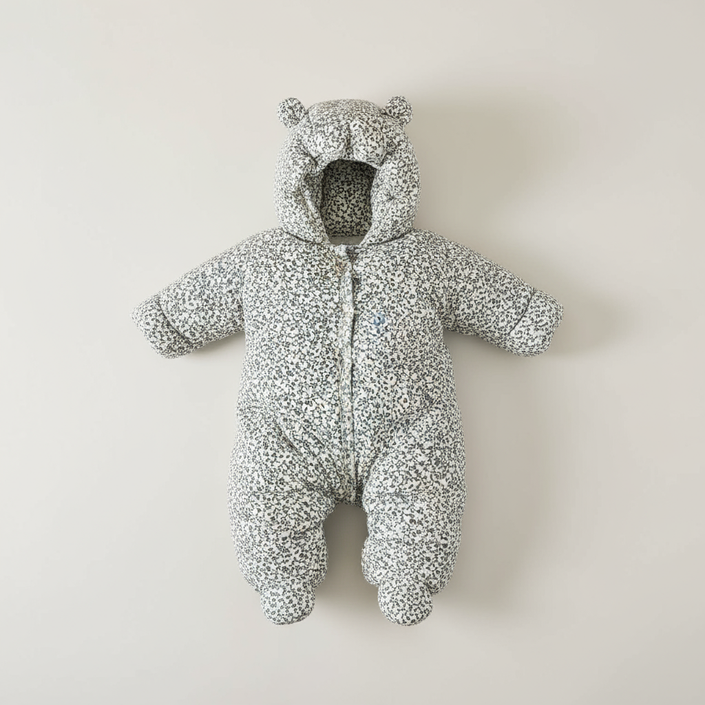Floral-patterned baby snowsuit on a light gray background
