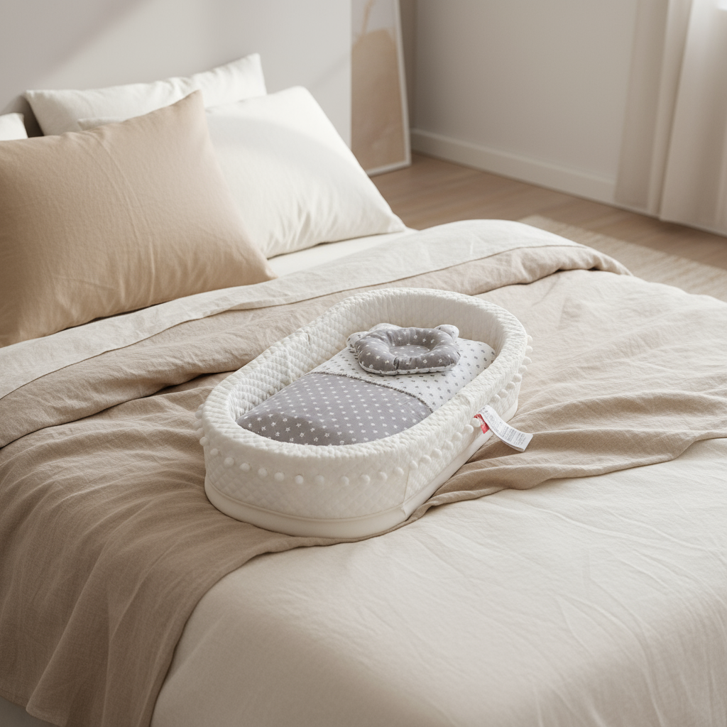 Baby nest with gray interior on a beige bed in a bedroom setting