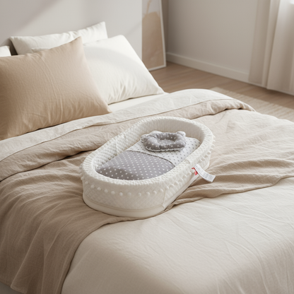 Baby nest with gray interior on a beige bed in a bedroom setting
