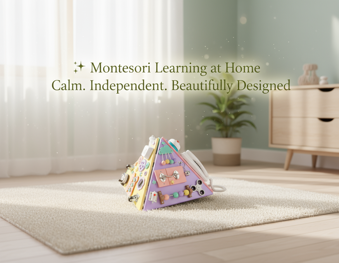 Colorful geometric toy on a rug with text about Montessori learning at home.