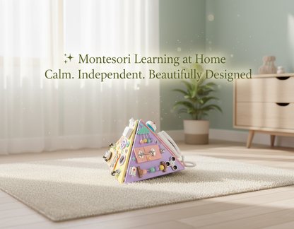 Colorful geometric toy on a rug with text about Montessori learning at home.
