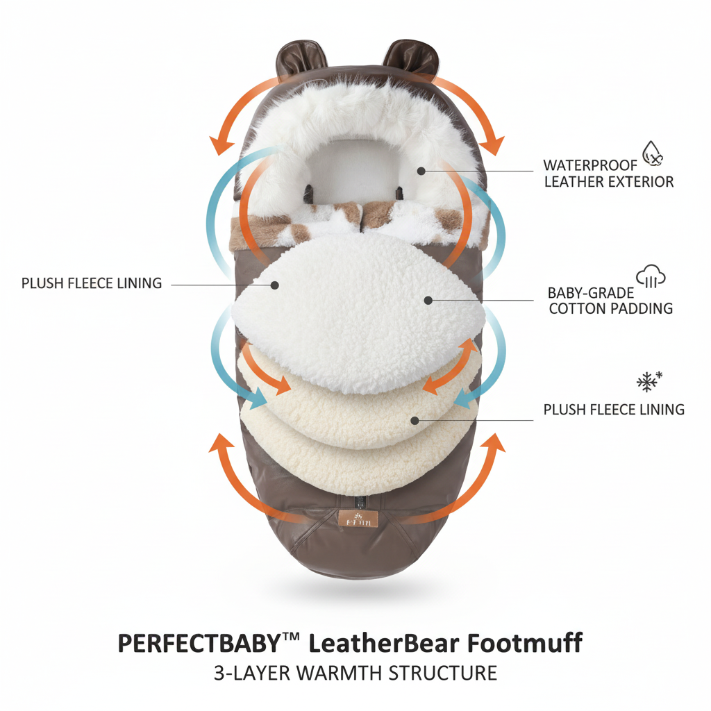 PERFECTBABY LeatherBear Footmuff with layering diagram on a white background