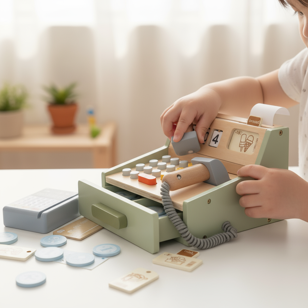Child playing with a toy telephone set on a table.