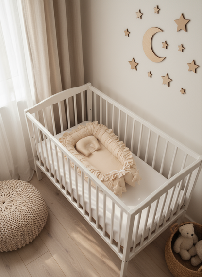 White crib with beige bedding in a softly lit nursery with wooden stars and moon decorations on the wall.