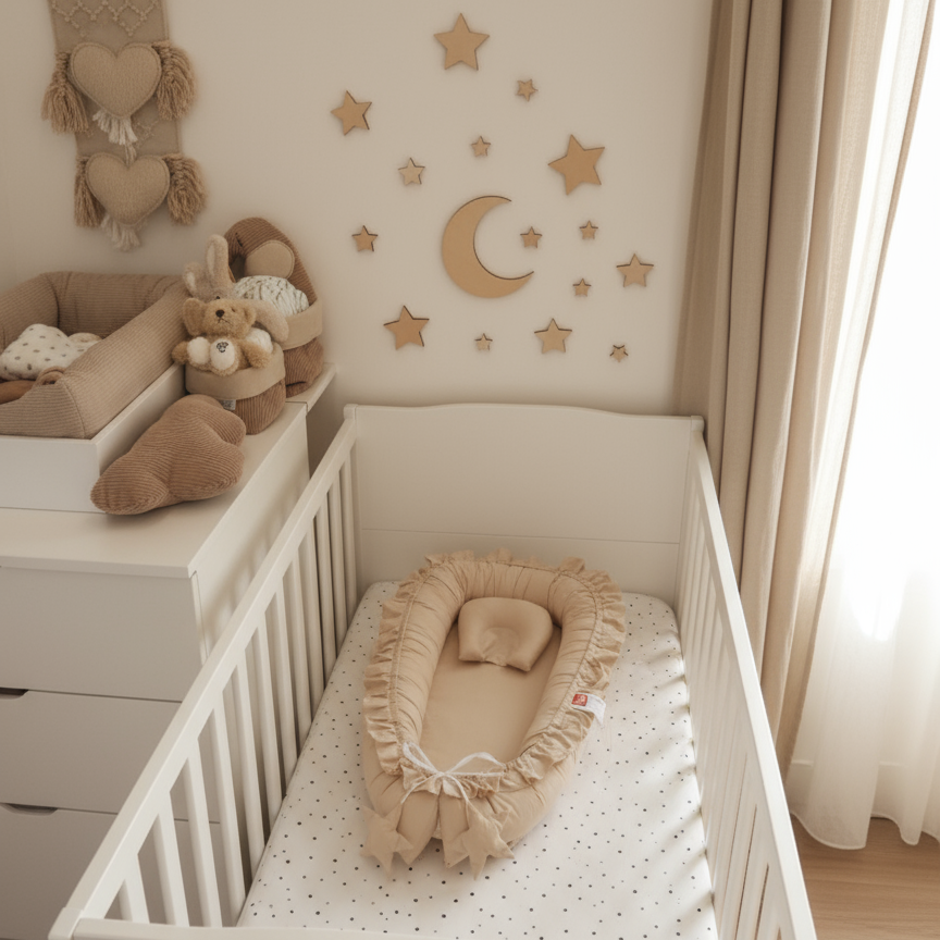 Nursery room with a white crib, beige bedding, and decorative wall stickers.