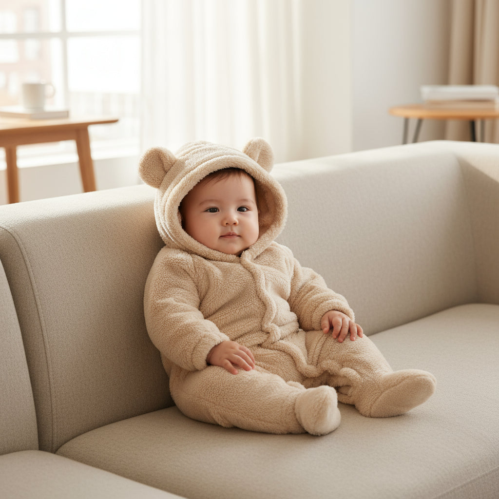 Baby in a beige bear-themed onesie sitting on a couch in a bright room.