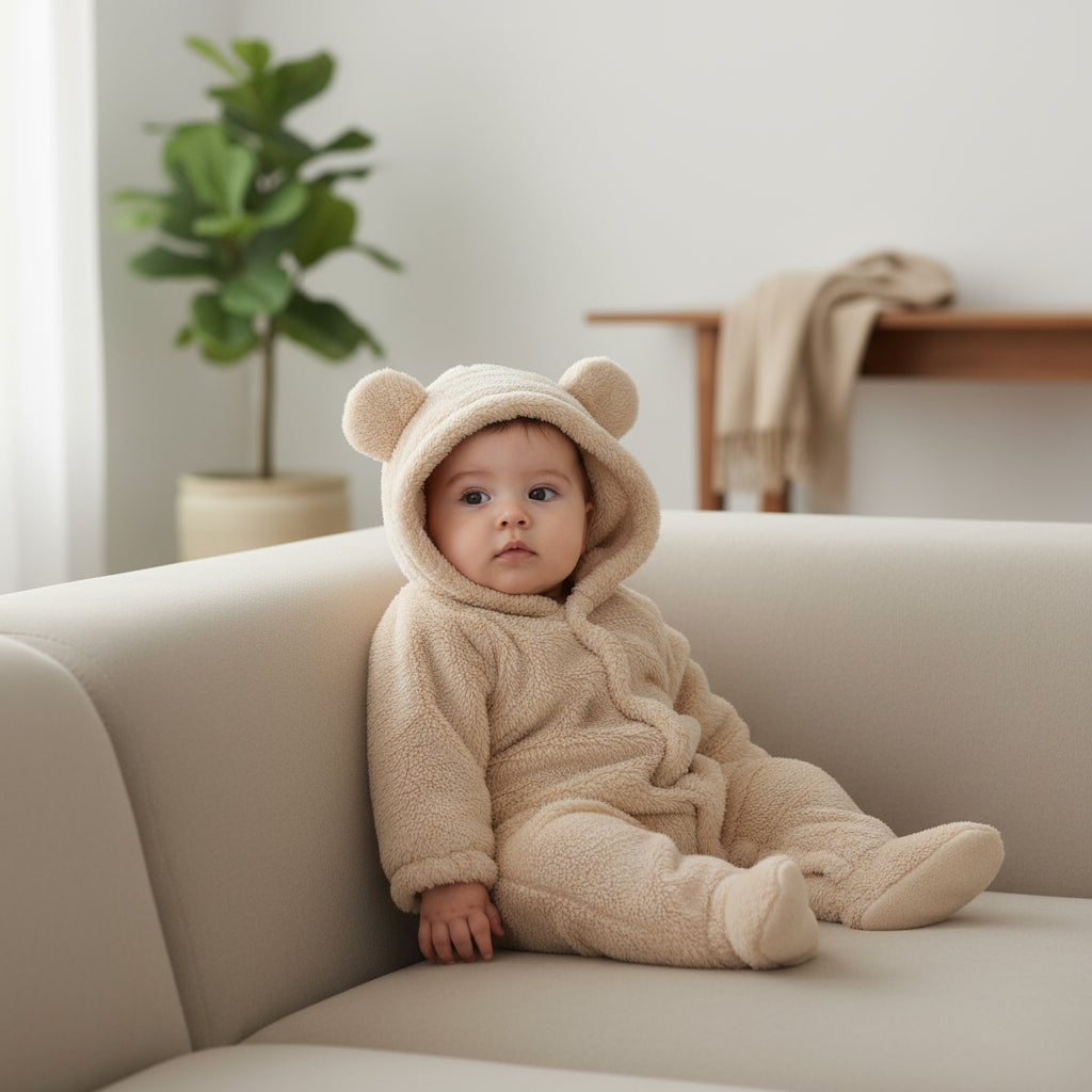 Baby in a beige bear onesie sitting on a couch in a home setting.