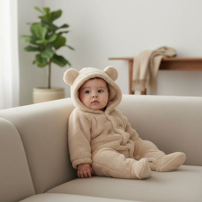 Baby in a beige bear onesie sitting on a couch in a home setting.