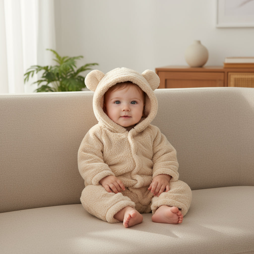 Baby in a beige bear onesie sitting on a couch in a bright room.