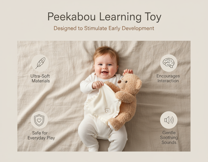 Baby holding a teddy bear with text about a Peekabou Learning Toy on a beige background