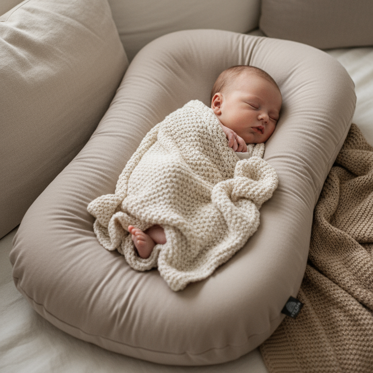 Newborn baby sleeping on a beige cushion with a soft blanket in a cozy living room.