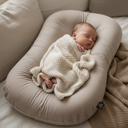 Newborn baby sleeping on a beige cushion with a soft blanket in a cozy living room.