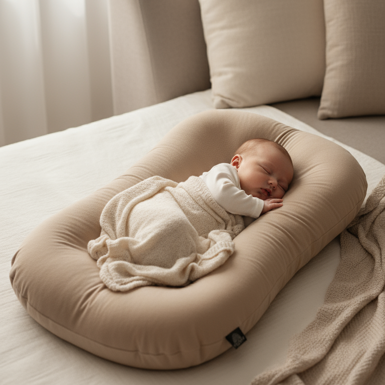 Baby sleeping on a beige inflatable crib in a cozy bedroom.