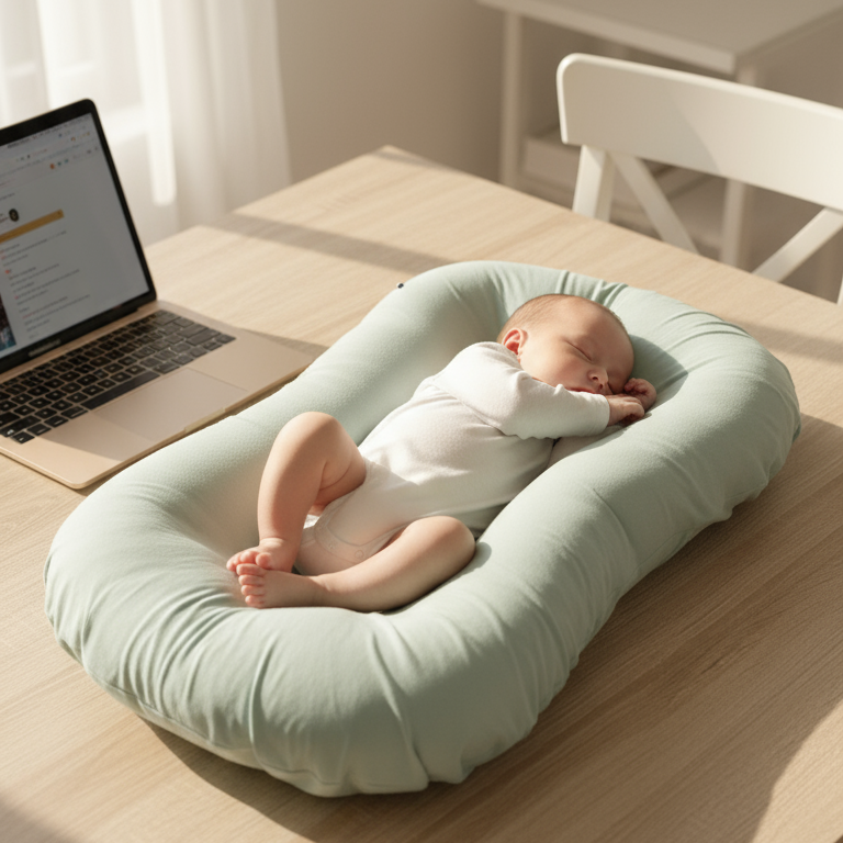Baby lying on a green cushion on a wooden table with a laptop in the background
