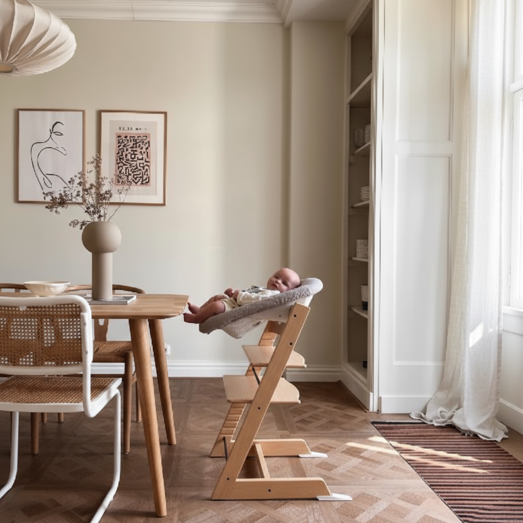 Baby in a high chair in a room with a dining table and chairs.