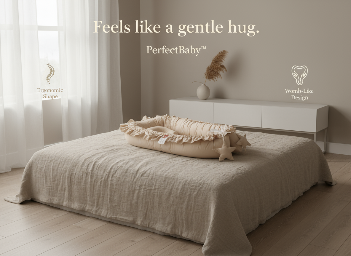 Baby crib on a bed with 'PerfectBaby' branding and text about ergonomic shape and womb-like design.