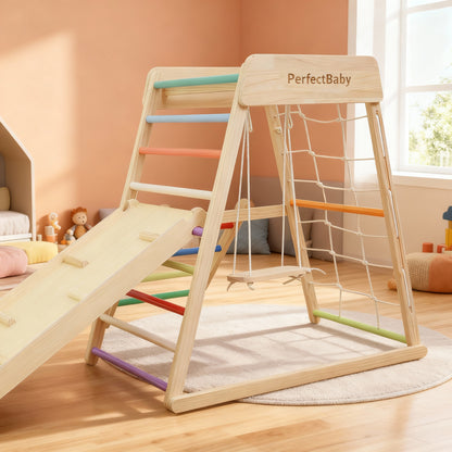Children's play structure with slide and攀爬架 in a room with a window and toys.