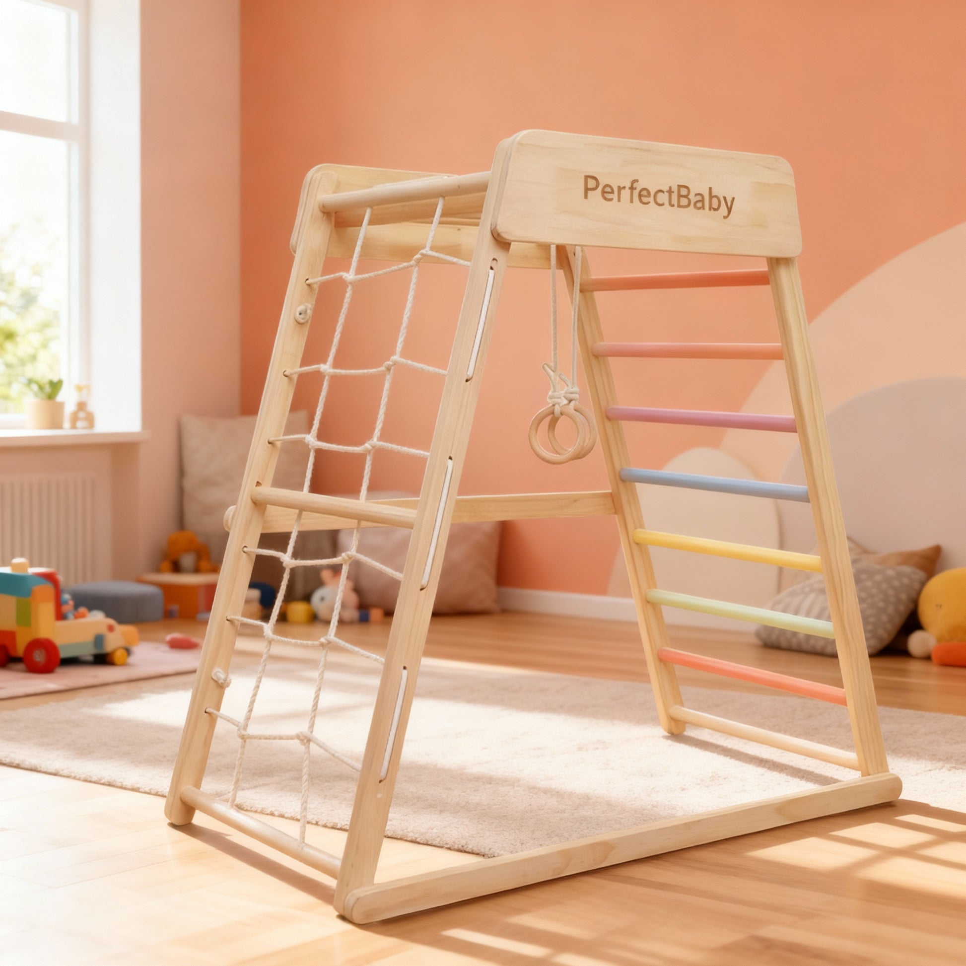 Wooden climbing frame with a rope ladder and platform in a child's room.