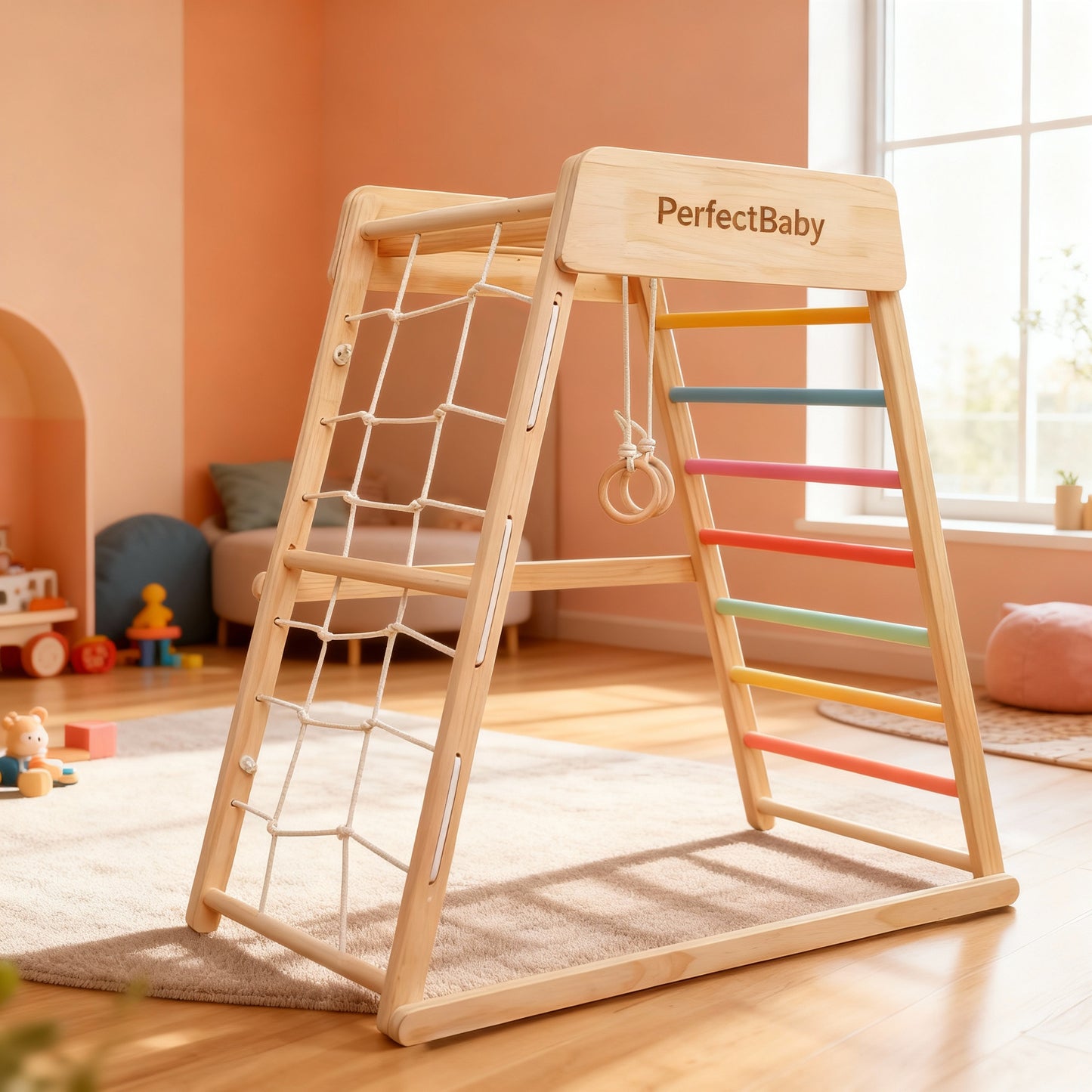 Wooden climbing toy with colorful rungs and a rope ladder on a wooden floor.