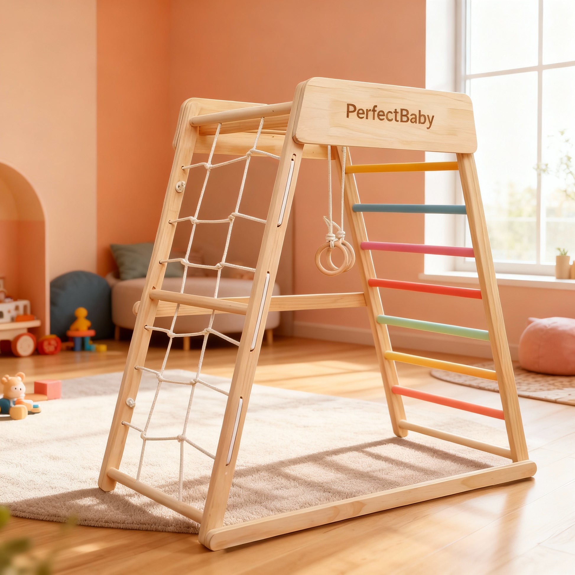 Wooden climbing toy with colorful rungs and a rope ladder on a wooden floor.