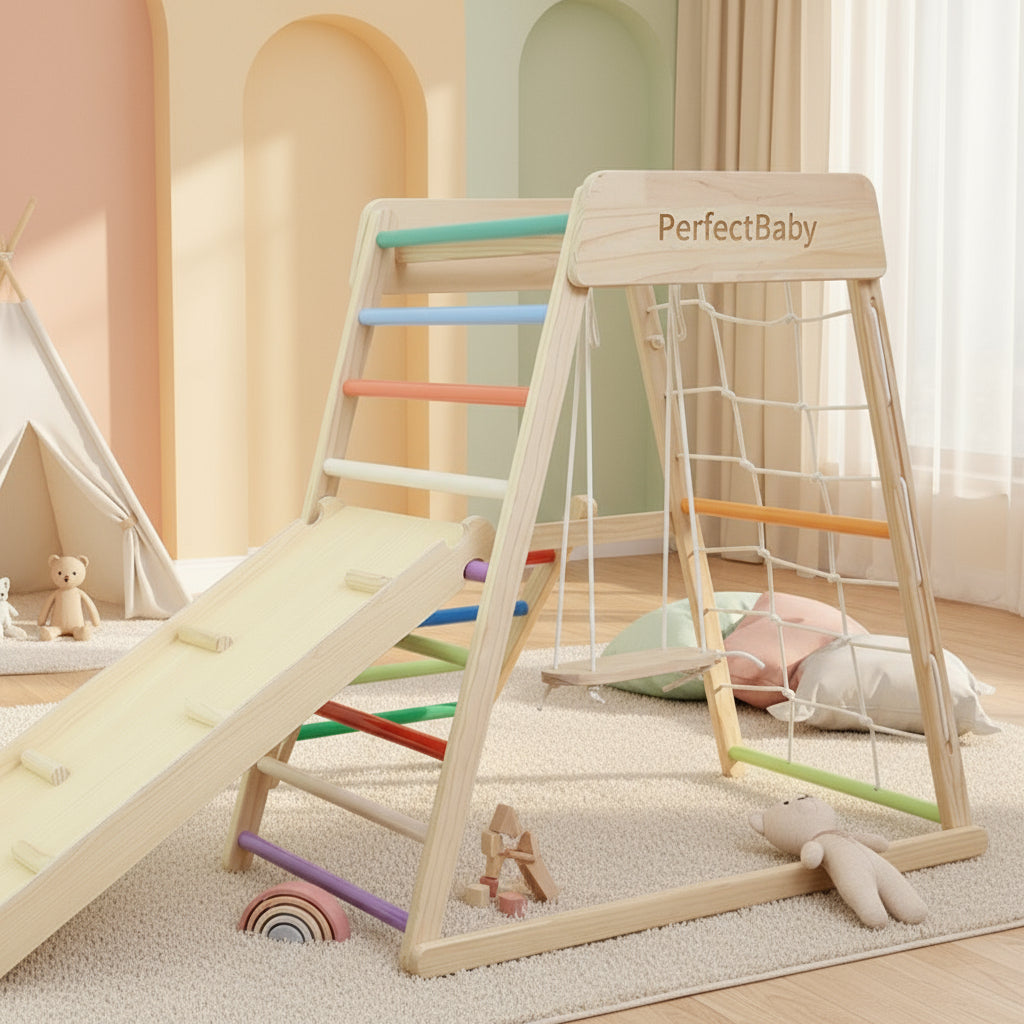 Children's wooden play set with slide and swing in a room with pastel walls and toys.