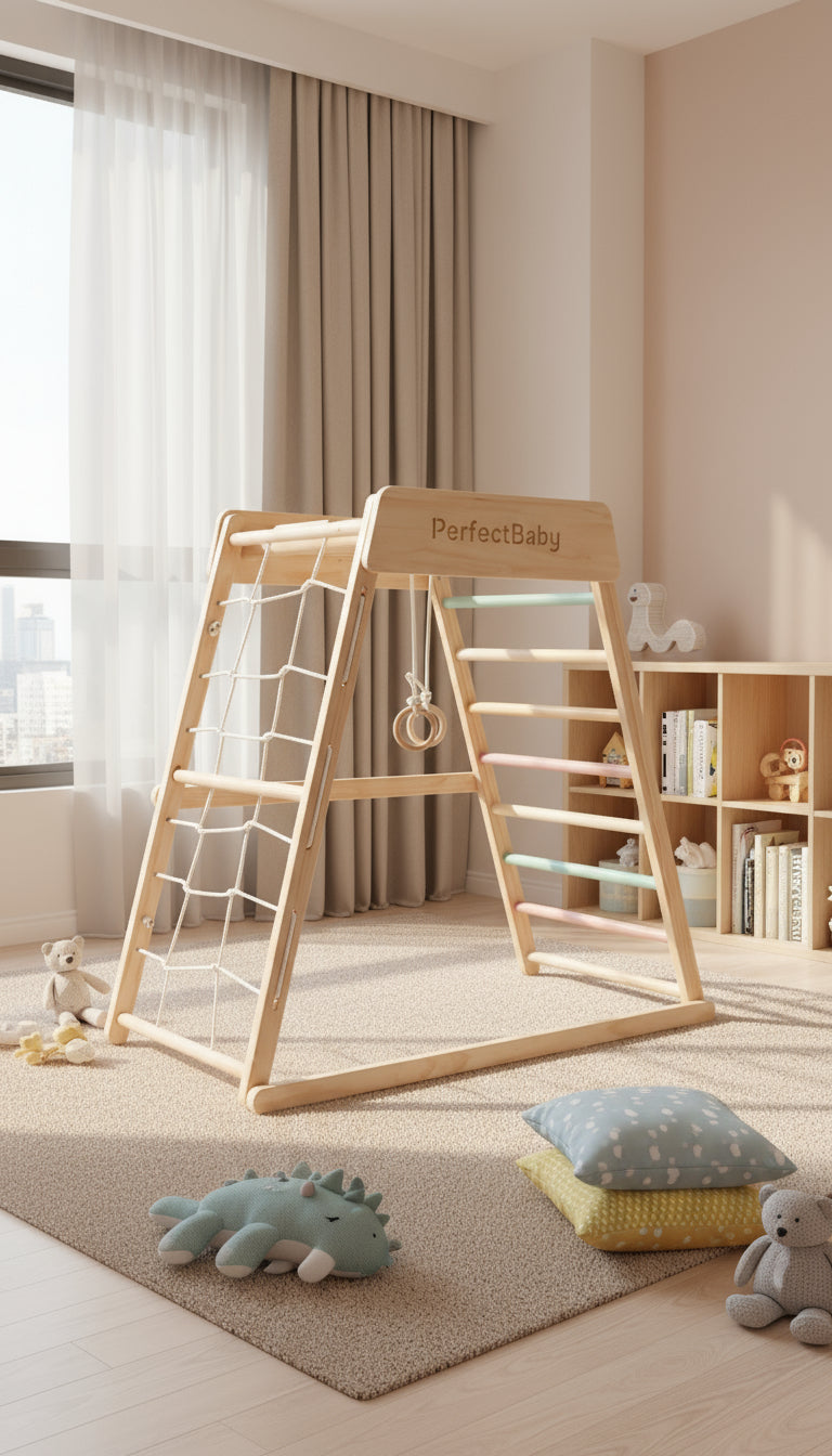 Wooden climbing toy with 'PerfectBaby' branding in a child's room.