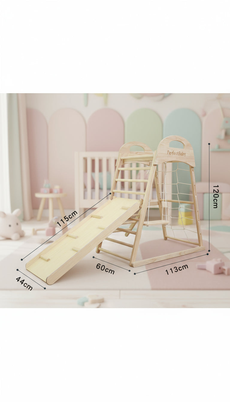 Children's playpen with slide and measurements on a white background