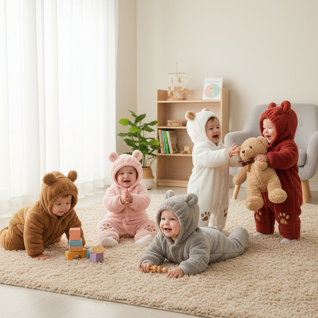 Five children in animal-themed costumes playing on a carpeted floor.