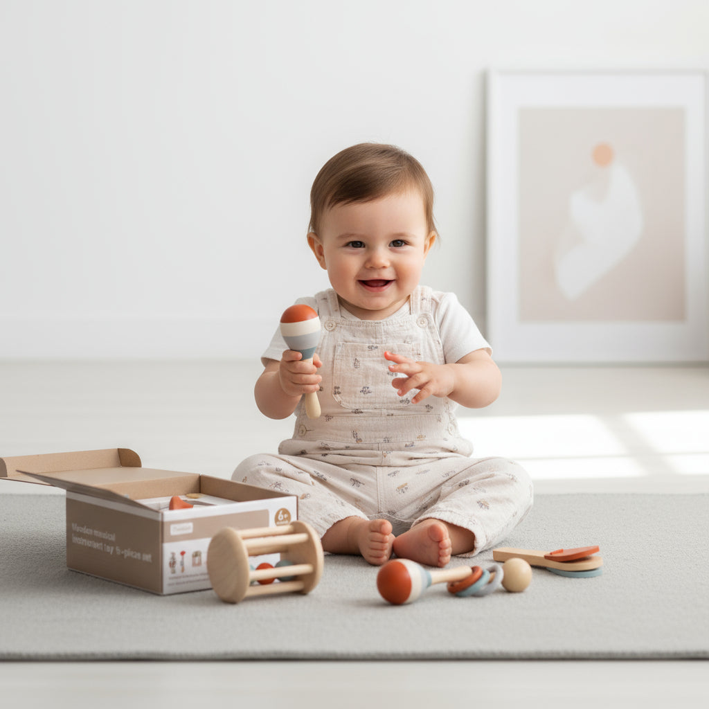 Baby playing with wooden toys on a light-colored floor.