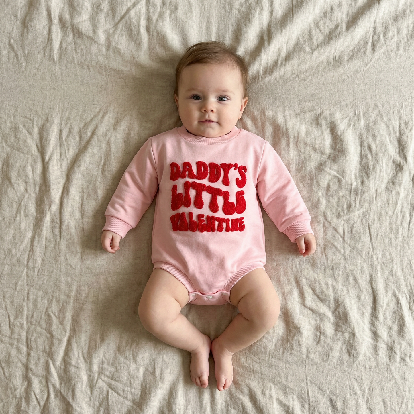 Baby wearing a pink onesie with red text, lying on a beige surface
