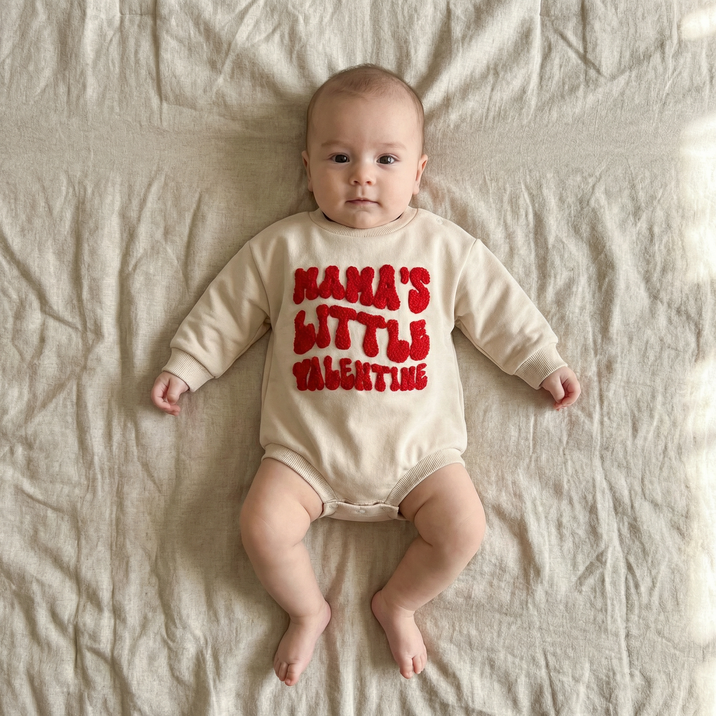 Baby wearing a onesie with 'Mama's Little Valentine' text on a beige blanket